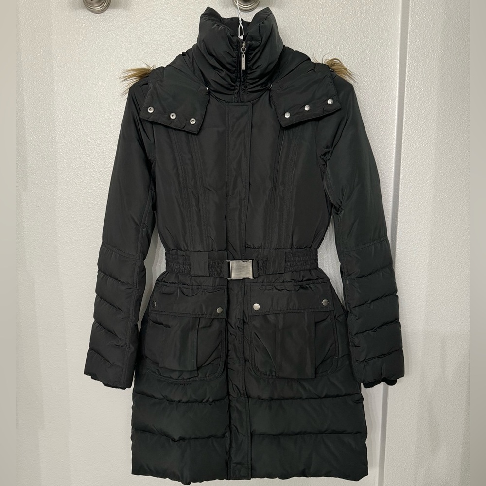 Cole Haan women’s essential belted down puffer coat with removable fur
